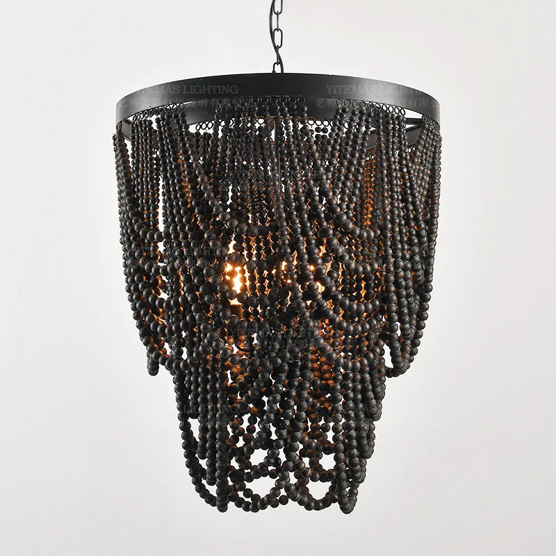 DecorBites™ Black Wood Beaded Pendant Chandelier - Antique Nordic Lighting for Foyer, Dining, Bedroom