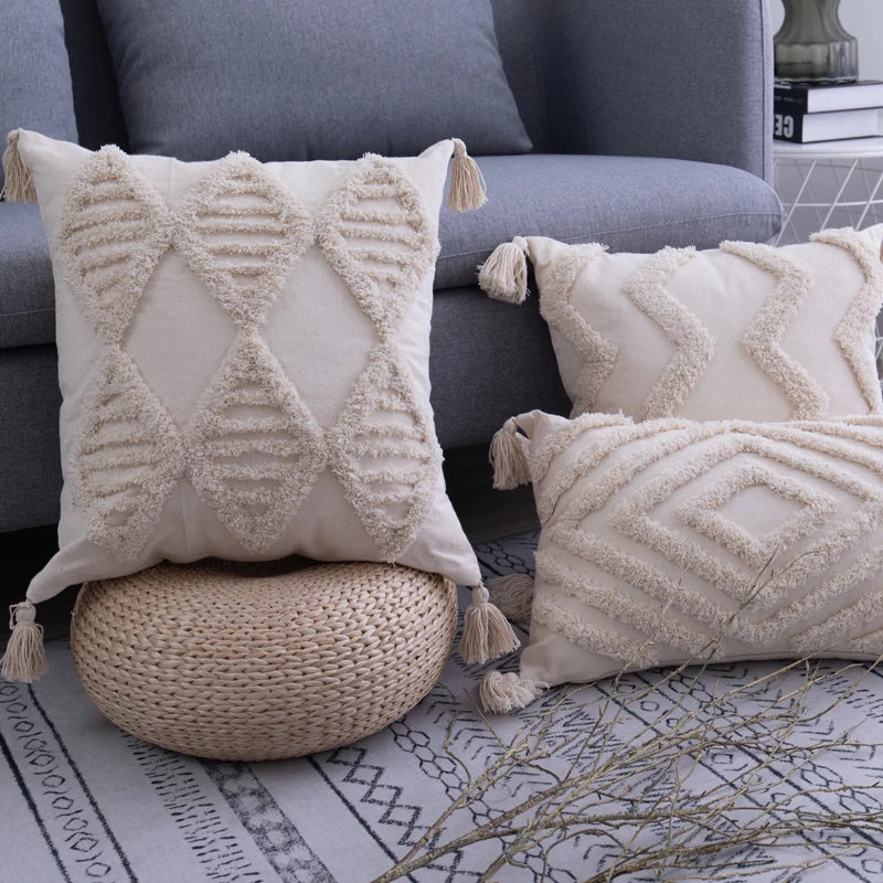 DecorBites™ Beige Tassels Cushion Cover, Handmade Square Home Decoration for Living Room