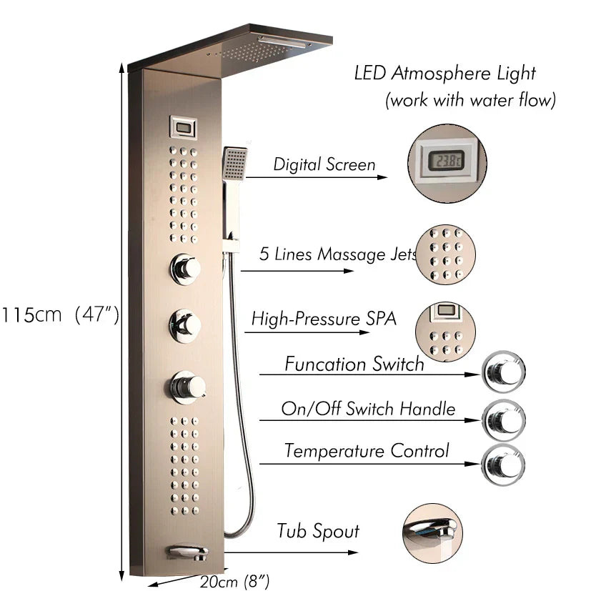 DecorBites™ Brushed Nickel Shower Column with Hand Shower, Tub Spout, and Massage System