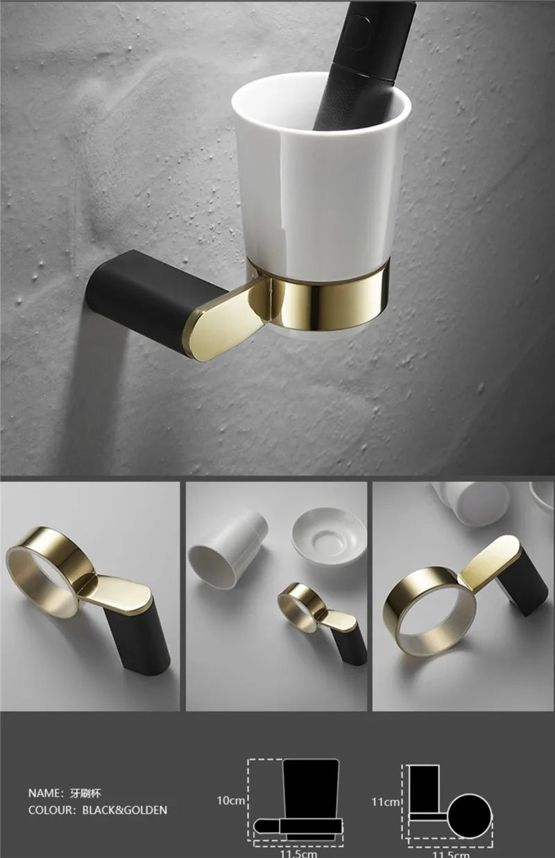 DecorBites™ Gold & Black Bathroom Set - Shelf, Towel Rack, Holder, Brush Holder & More