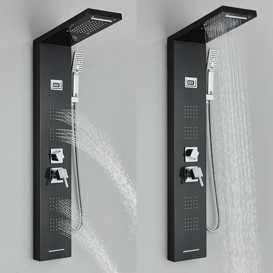 DecorBites™ Black Rainfall Shower Panel Set with Massage System and Temperature Screen