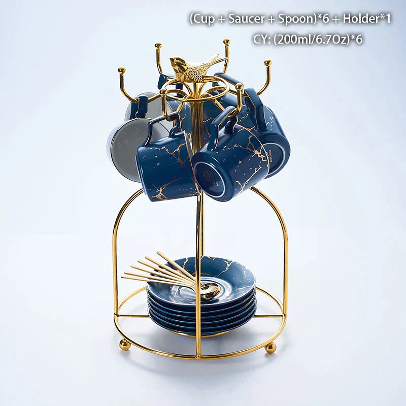 DecorBites™ 200ml Marble Ceramic Tea Set with Spoon and Saucer