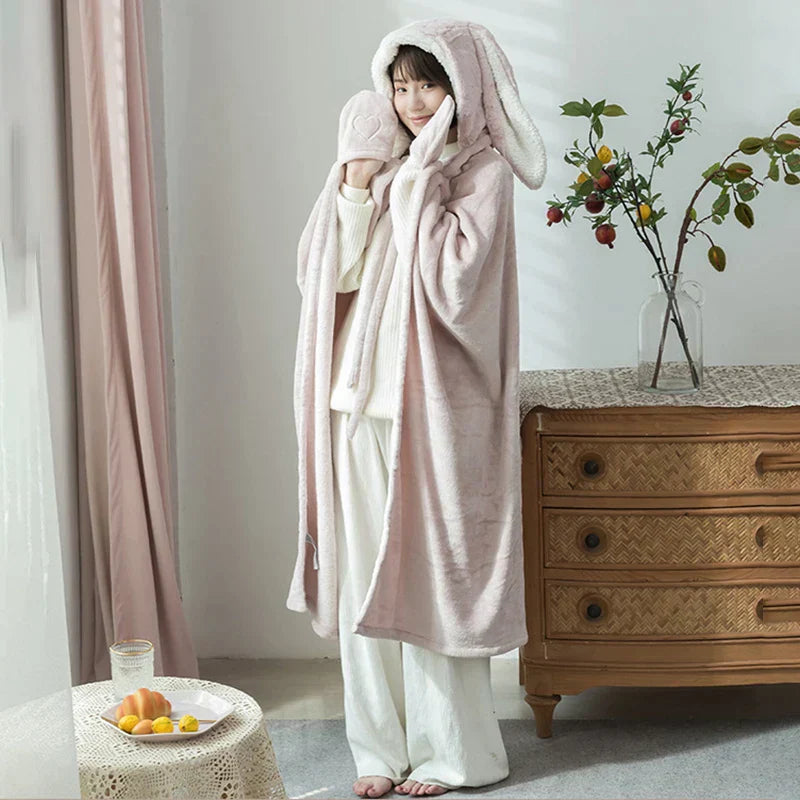 ™ Kawaii Rabbit Hooded Blanket: Coral Velvet Warm Throw Blanket for Adults and Kids