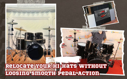 Remote Hi Hat Stand with Foot Pedal by GRIFFIN | Drummers Cable Auxiliary Cymbal High Hat Percussion Hardware with Drum Key | Heavy Duty Sturdy HiHat Holder | All Metal Construction Mount Complete Kit