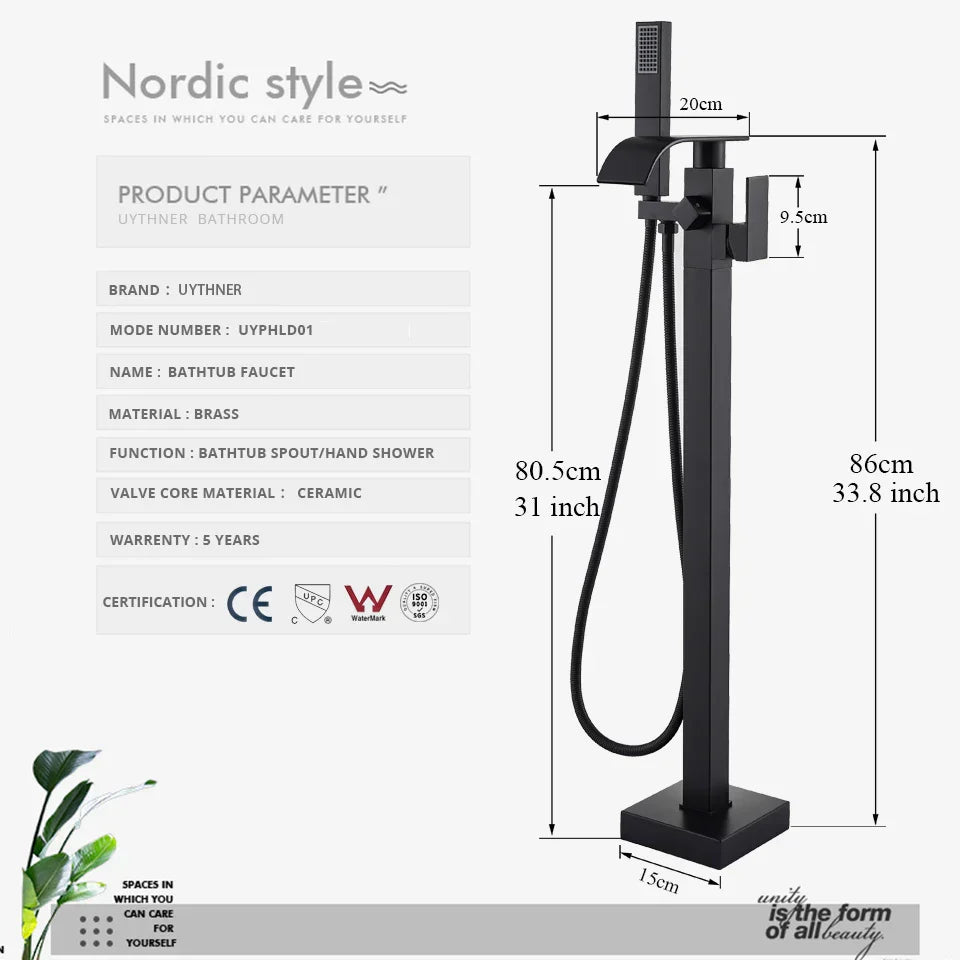DecorBites™ Black Floor Mounted Bathtub Faucet Set with Waterfall Mixer Tap