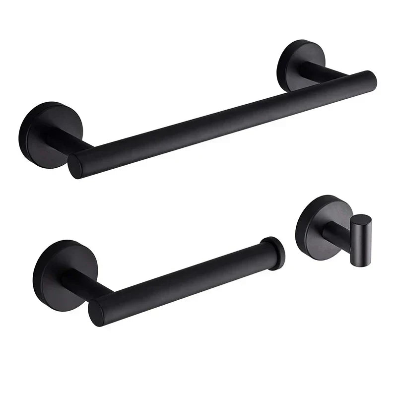 DecorBites™ Black Stainless Steel Bathroom Set: Robe Hook, Towel Rail, Shelf, Tissue Holder