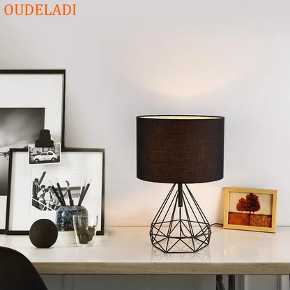 DecorBites™ Geometric Gold Desk Lamp with Hollow Diamond Design and Cloth Shade