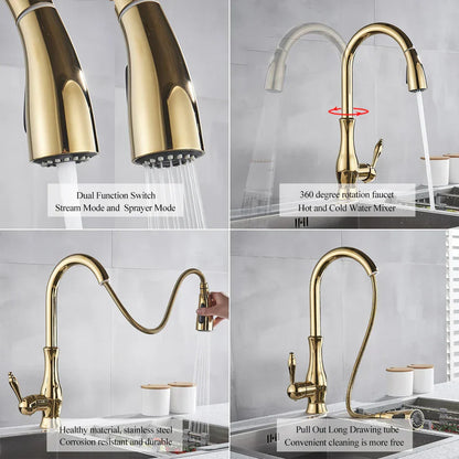 DecorBites™ Gold Swivel Spout Kitchen Faucet with Pull Down Sprayer