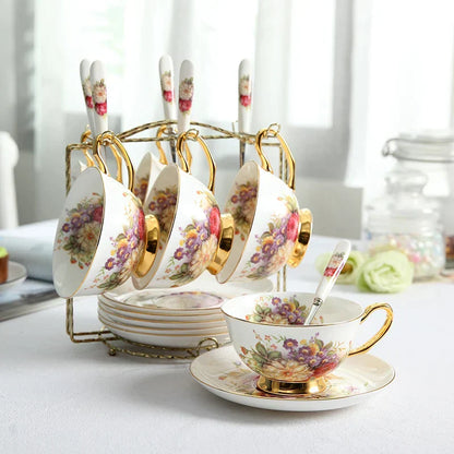 DecorBites™ Elegant Floral Bone China Tea Cup Set 200ml - Premium Porcelain Teacup Saucer Spoon