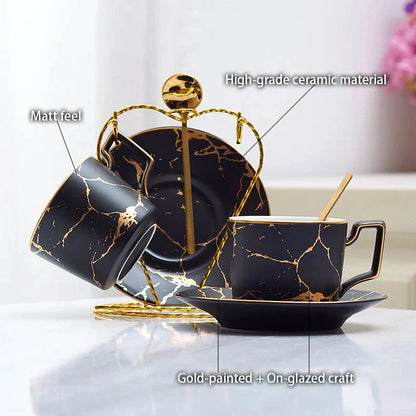 DecorBites™ 200ml Marble Ceramic Tea Set with Spoon and Saucer
