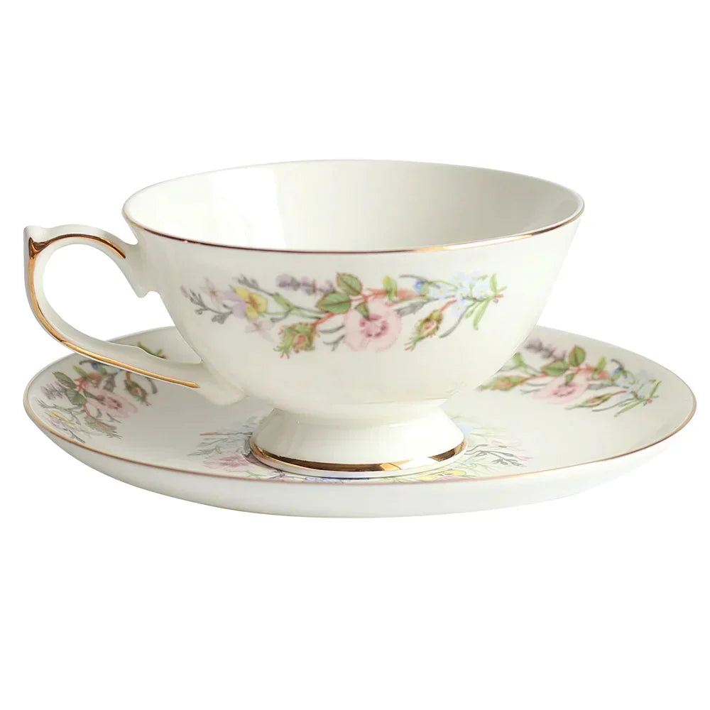 DecorBites™ Bone China Tea Cup Set, Flowers Teacup & Snack Dish for Office Drinkware