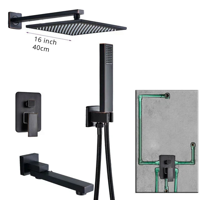 DecorBites™ Black Brass Shower Faucet with 2-Way Mixer, Handshower and Rainfall Head