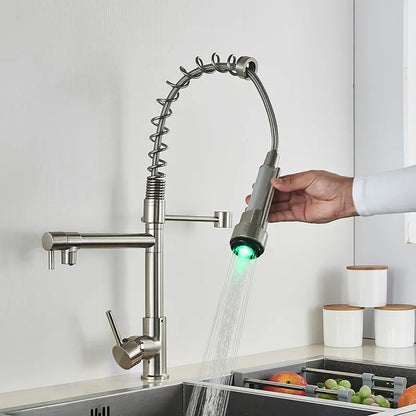 DecorBites™ LED Kitchen Faucet Pull Down Mixer Tap Hot Cold Water Vessel Sink Brass