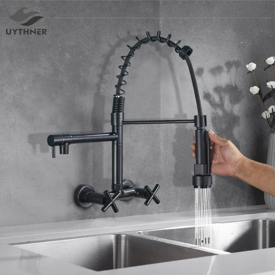 DecorBites™ Black Kitchen Faucet Wall Mounted Dual Swivel Spouts Vessel Sink Mixer Tap