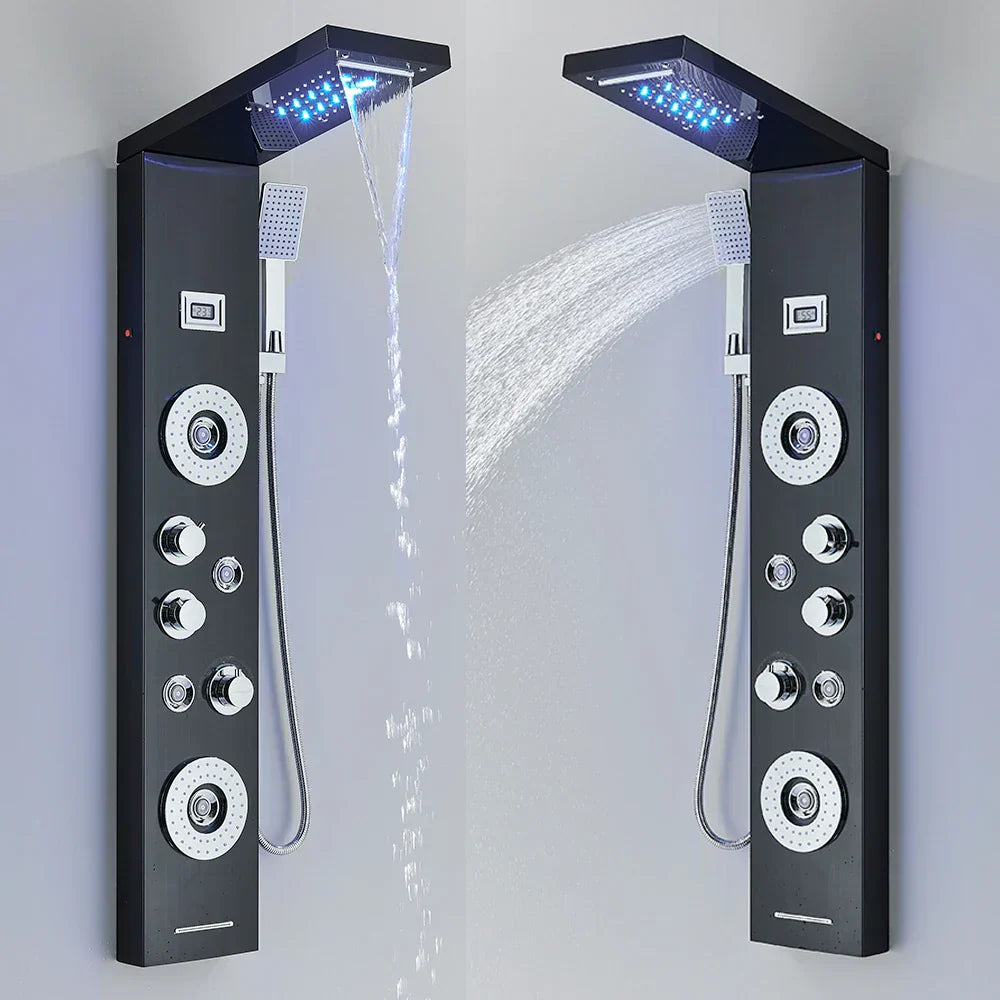 DecorBites™ Black LED Waterfall Rain Shower Panel Faucet Set with Massage Jets
