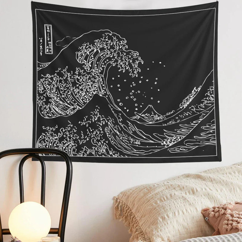 ™ Kanagawa Wave Black White Tapestry Japanese Surfing Vintage Art Wall Hanging