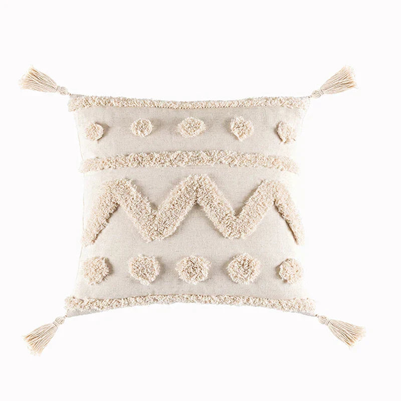 DecorBites™ Beige Tassels Cushion Cover, Handmade Square Home Decoration for Living Room