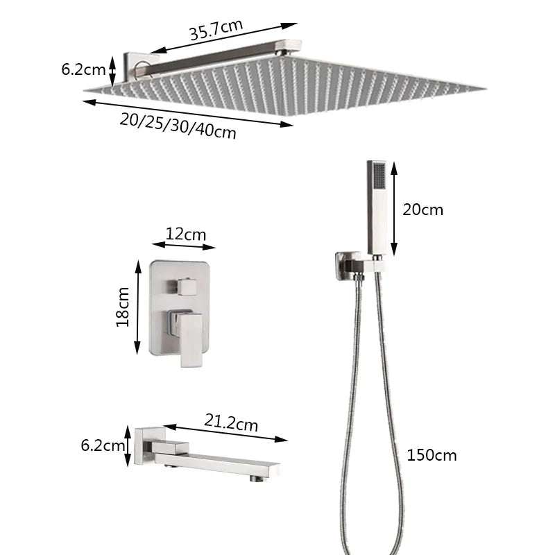 DecorBites™ Brushed Nickel Rainfall Shower Faucet Set with Tub Spout - 16" Head