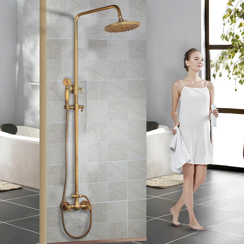 DecorBites™ Antique Brass Rainfall Shower Faucet Set with Handshower and Shelf