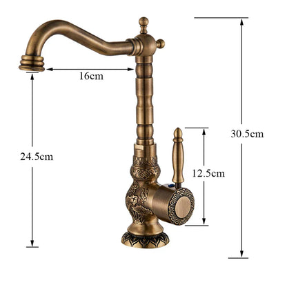 DecorBites™ Antique Brass Basin Faucet Long Spout Flower Carved Sink Tap 360 Rotation