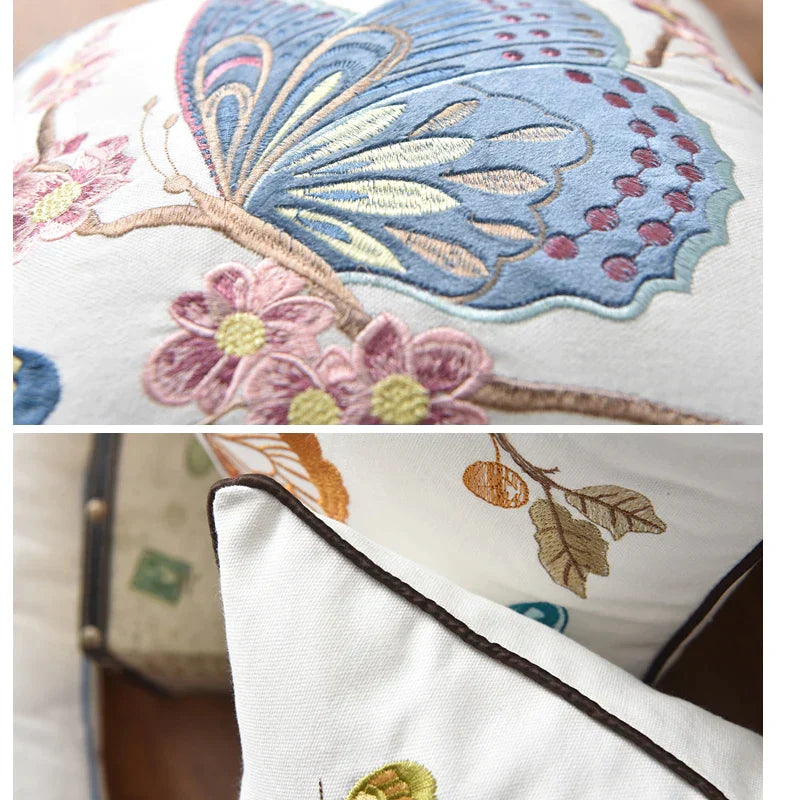DecorBites™ Butterfly Floral Cotton Embroidered Pillow Cover 45x45cm Home Decor Square