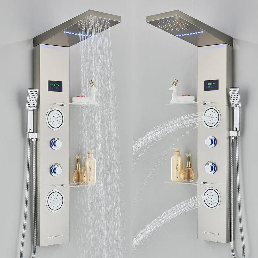 DecorBites™ Brushed LED Light Shower Faucet SPA Massage Shower Column Waterfall Panel
