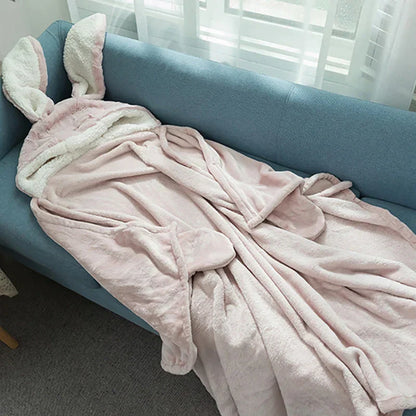 DecorBites™ Kawaii Rabbit Hooded Blanket: Coral Velvet Warm Throw Blanket for Adults and Kids