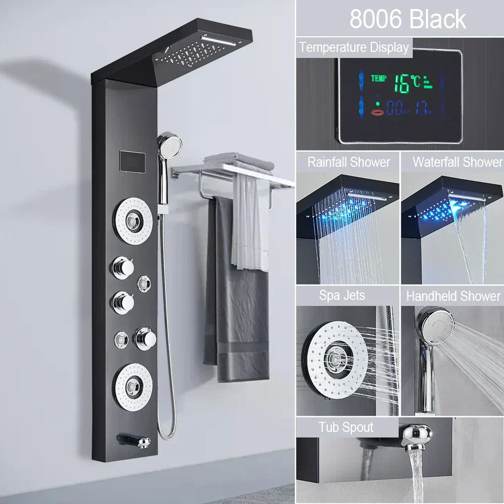 DecorBites™ Brushed LED Light Shower Faucet SPA Massage Shower Column Waterfall Panel