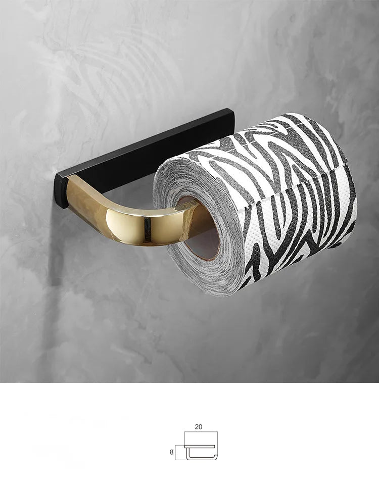 ™ Gold & Black Bathroom Hardware Set: Shelf, Towel Rack, Paper Holder, Brush Holder