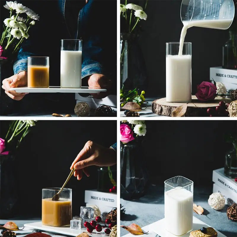 DecorBites™ 370ml Transparent Glass Square Tea Milk Cup - Temperature Resistant Juice Cup