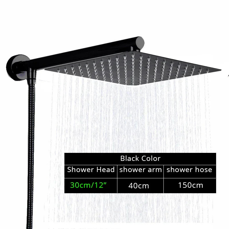 DecorBites™ Black Ultrathin Rainfall Shower Head with Arm Bracket, Hose & Faucet Set