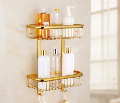 DecorBites™ Gold Brass Bathroom Shelf with Towel Hanger, Shampoo Holder, and Basket