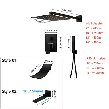 DecorBites™ 8/16 Inch Matte Black LED Rainfall Shower Faucet Set