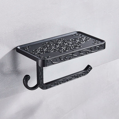 DecorBites™ Black Toilet Paper Holder with Phone Rack: Wall-Mounted Aluminum Bathroom Storage
