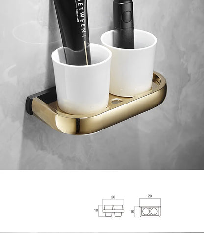 ™ Gold & Black Bathroom Hardware Set: Shelf, Towel Rack, Paper Holder, Brush Holder