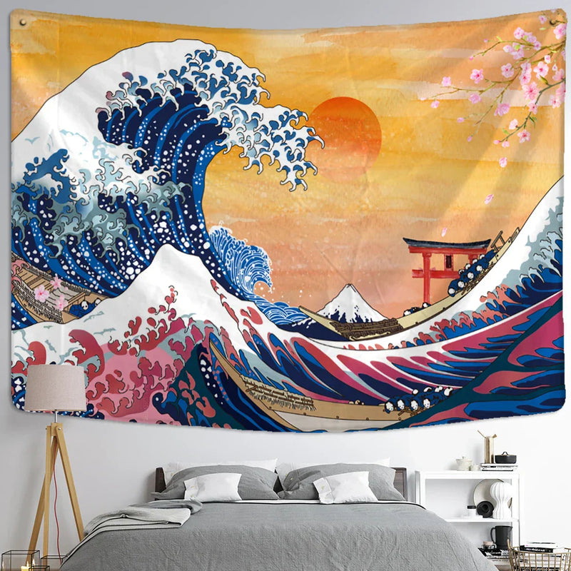 ™ Kanagawa Waves Oil Painting Tapestry Wall Hanging, Bohemian Style Psychedelic Hippie Art