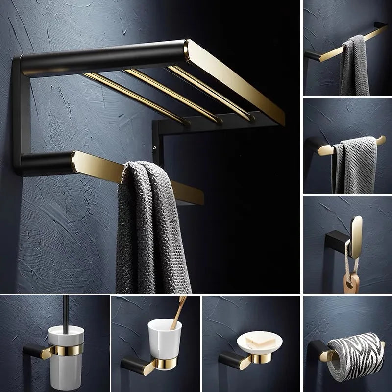 ™ Gold & Black Bathroom Set - Shelf, Towel Rack, Holder, Brush Holder & More