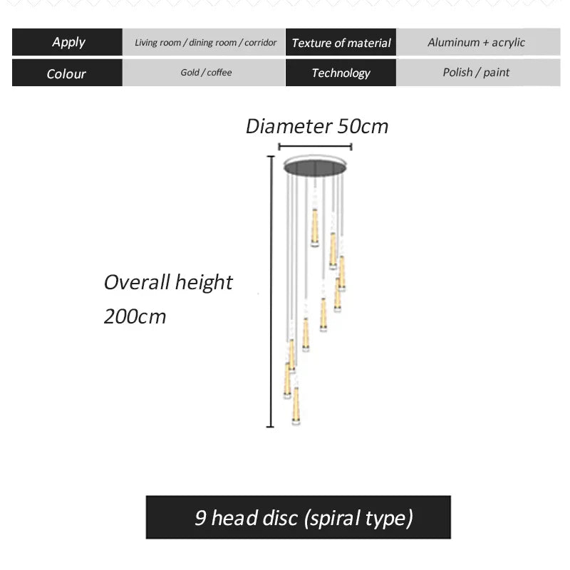 DecorBites™ LED Spiral Chandelier Black Chrome Gold Pendant Light Modern Stairwell Lighting