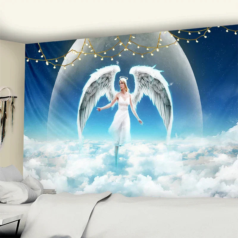 DecorBites™ Angel Tapestry Wall Hanging: Blue Sky White Clouds Halo Bohemian Art Decor