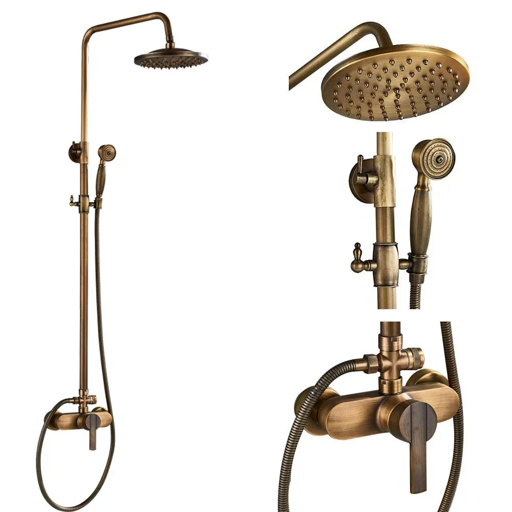DecorBites™ Antique Brass Shower Faucet Set with 8'' Rainfall Head & Swivel Spray