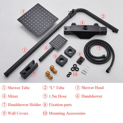 DecorBites™ Black Thermostatic Rain Shower Faucet Set for Wall Mounted Bathrooms