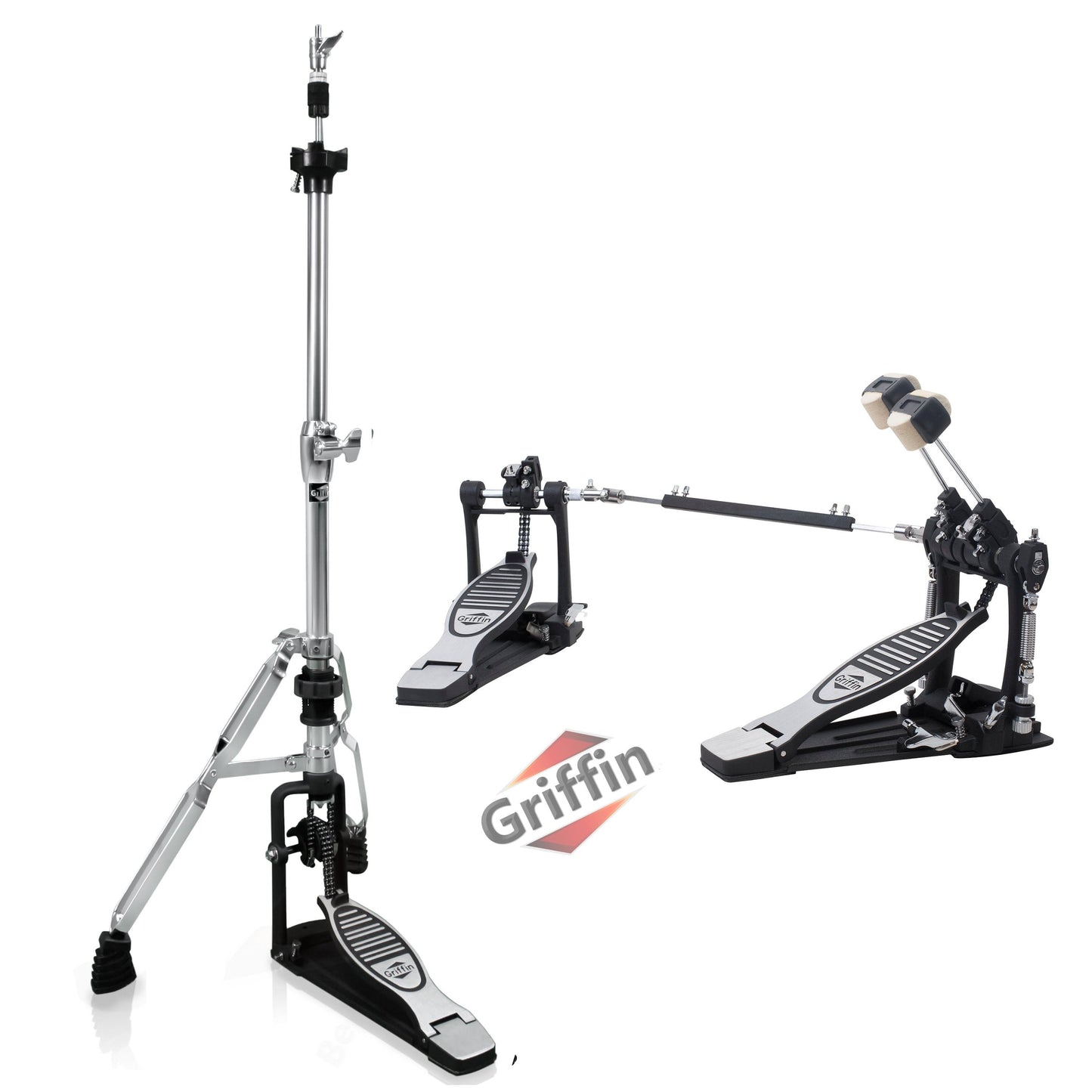 GRIFFIN Deluxe 2-Pack Drum Hardware Kit - Double Kick Drum Bass Pedal & 2-Legged Premium Hi-Hat Stand | Quad Sided Beater Head | Dual Chain Drive System | Impressive Response for Metal & Rock Drummers