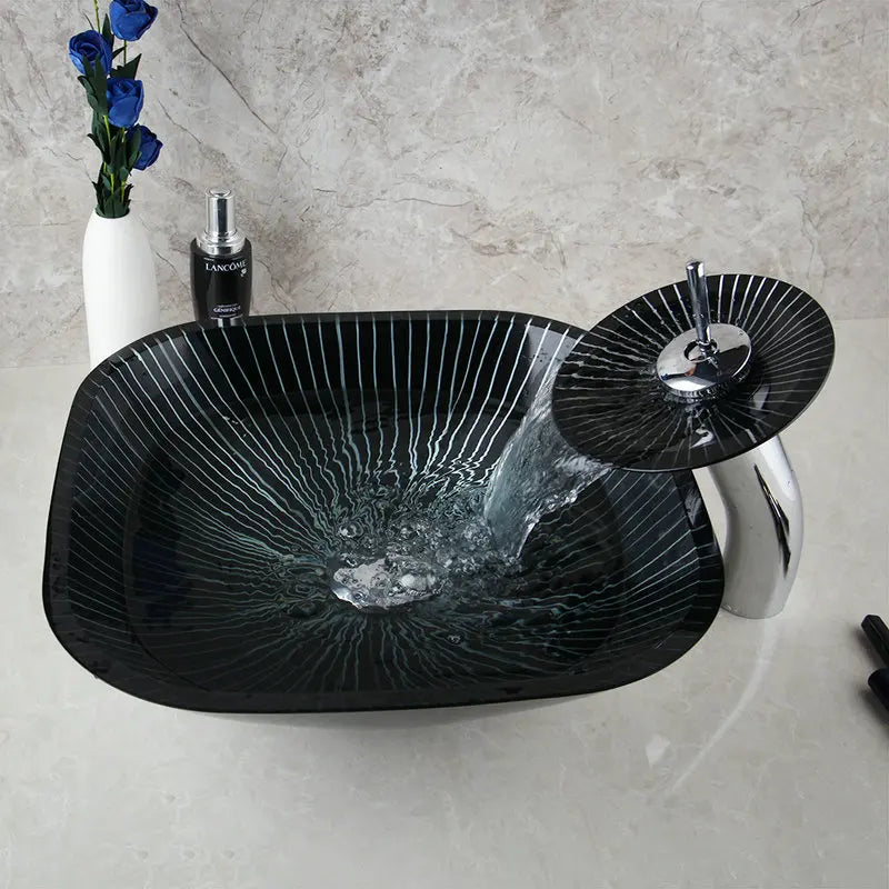 DecorBites™ Black Glass Bathroom Sink Set with Hand Painted Design & Waterfall Faucet
