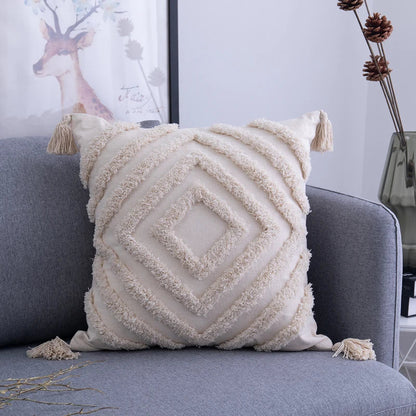 DecorBites™ Beige Tassels Cushion Cover, Handmade Square Home Decoration for Living Room
