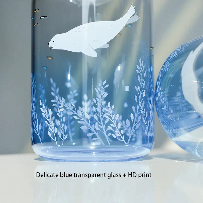 DecorBites™ Blue Glass Water Bottle 600ml Cute Polar Bear Seal Design Waterbottle