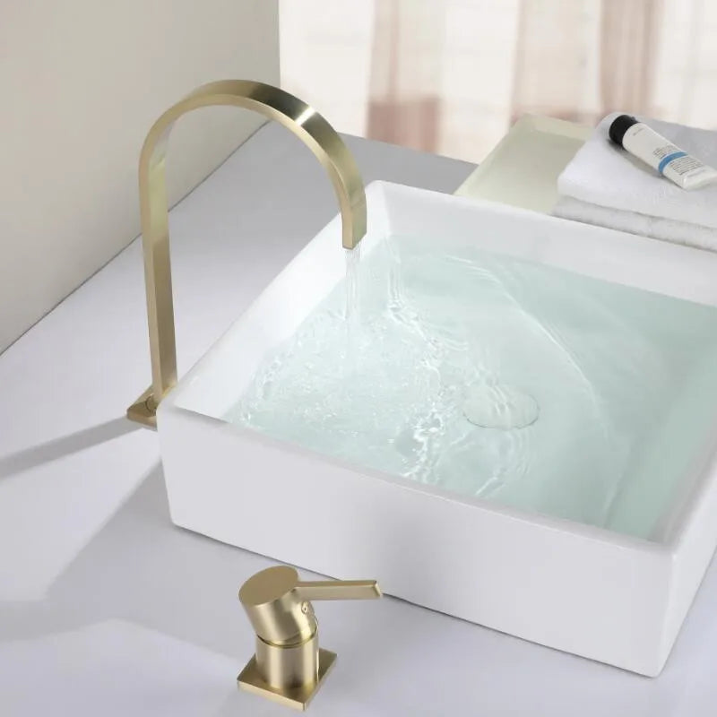 DecorBites™ Brushed Gold Basin Faucet: 360 Rotating Two Hole Widespread Bathroom Sink Tap