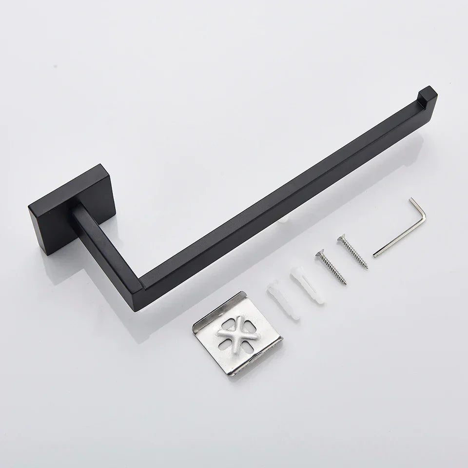 DecorBites™ Black Bathroom Accessories Set: Robe Hook, Towel Rail, Shelf, Paper Holder