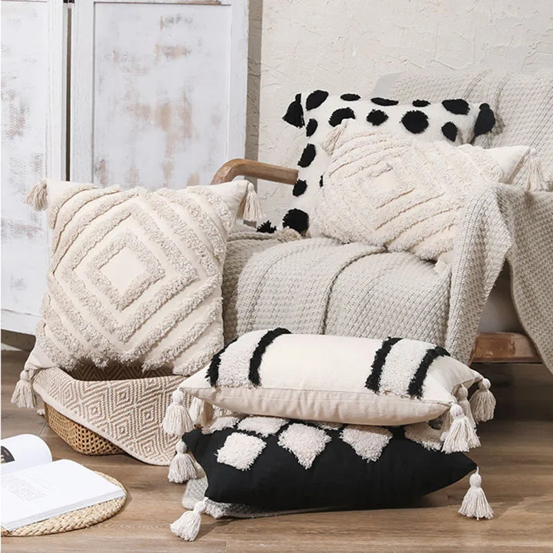 DecorBites™ Boho Tufted Beige White Tassel Pillow Cover Home Decor Square Beaded Case