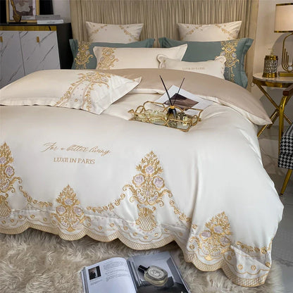 DecorBites™ 1000TC Egyptian Cotton Gold Embroidery 4Pcs Bedding Set - Luxe Chic Collection