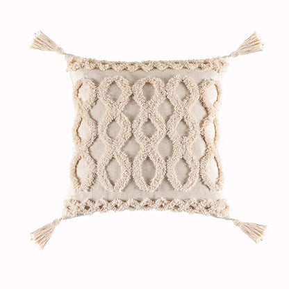 DecorBites™ Beige Tassels Cushion Cover, Handmade Square Home Decoration for Living Room